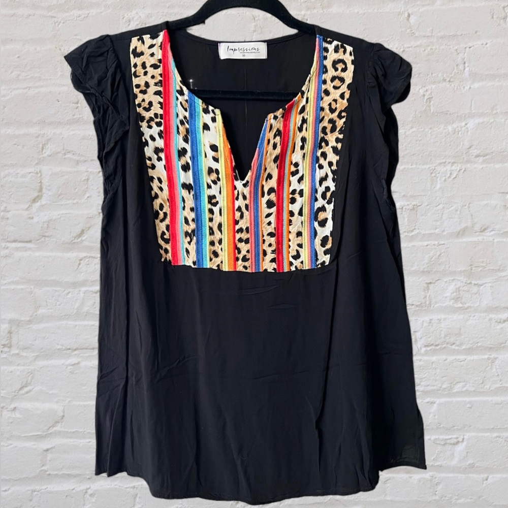 Impressions Black Animal Print Embroidery Ruffle Cap Sleeves Medium Like New